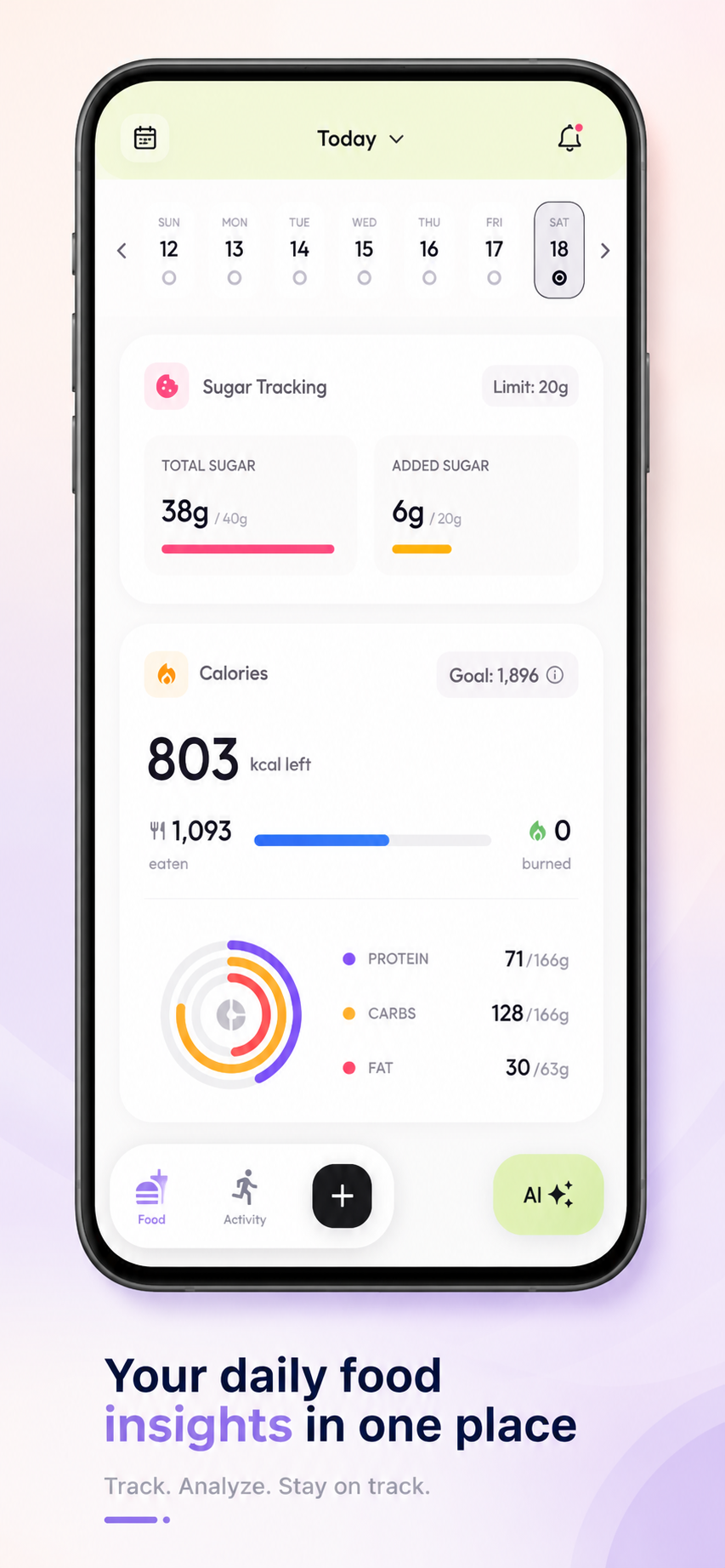 Daily food tracking with calories and macro rings